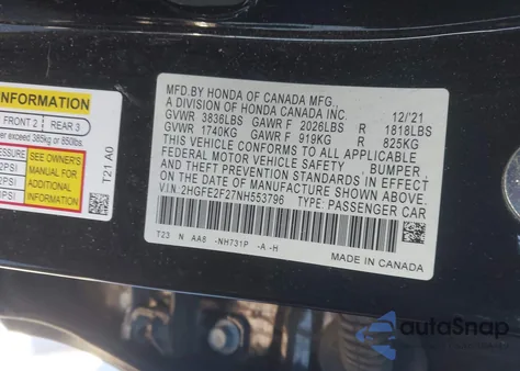 2022 Honda Civic Lx z USA, uszkodzony, nr VIN 2HGFE2F27NH553796